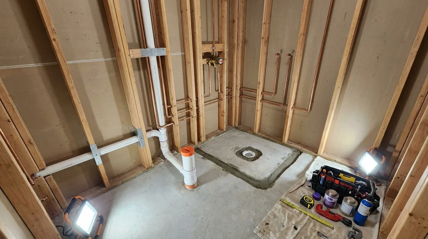 Bathroom rough-in plumbing during remodel by Johns Plumbing LLC in Manasquan