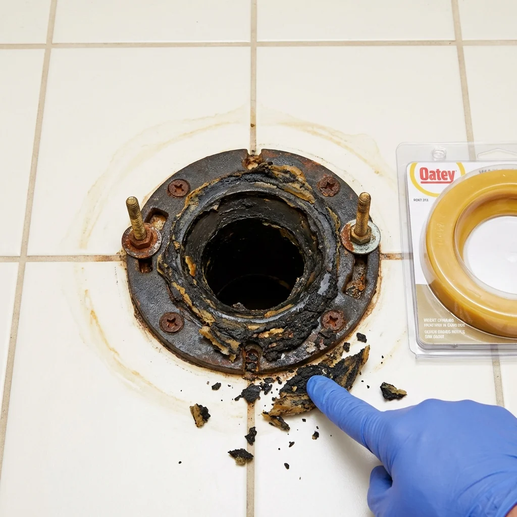 Failed wax ring showing water seepage at the base of a toilet in a Manasquan, NJ home