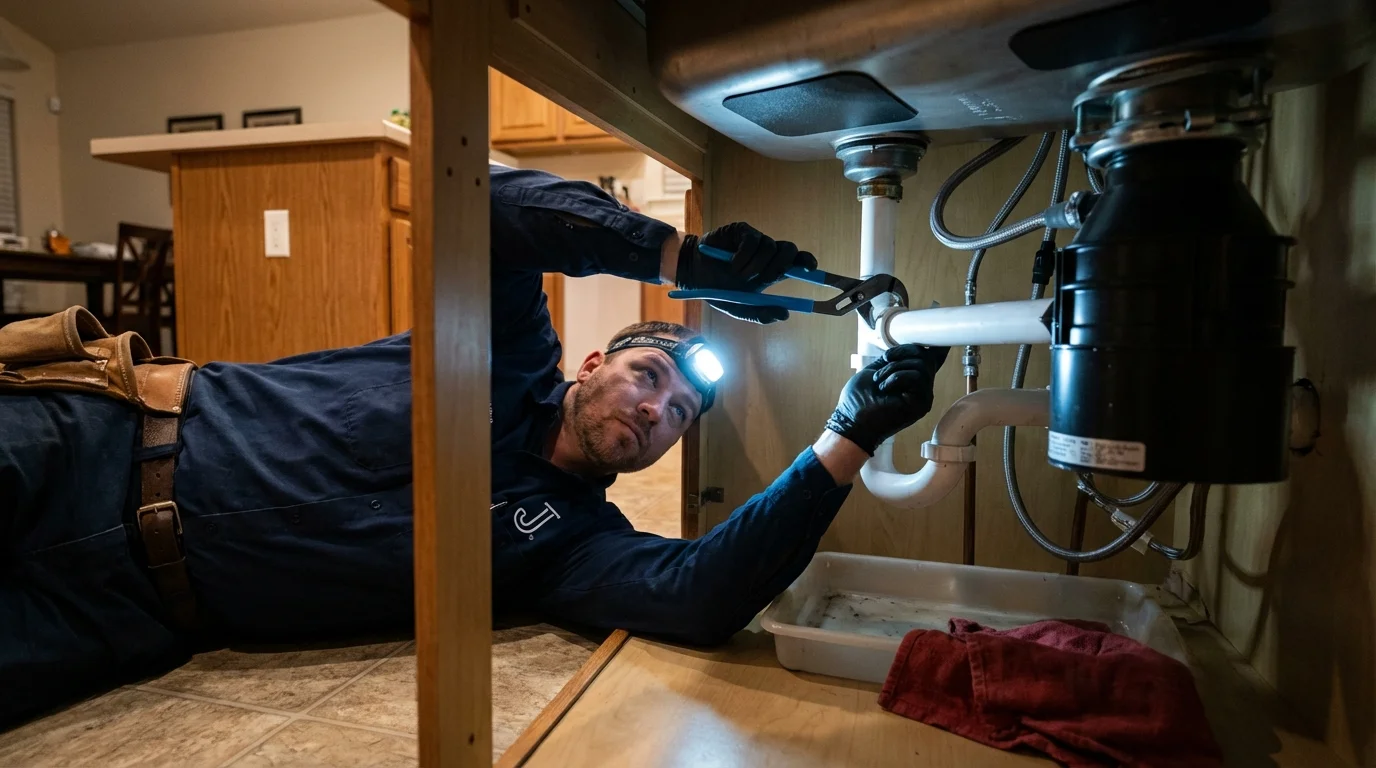 P-trap and supply line connections under a kitchen sink showing a common leak point in Manasquan, NJ